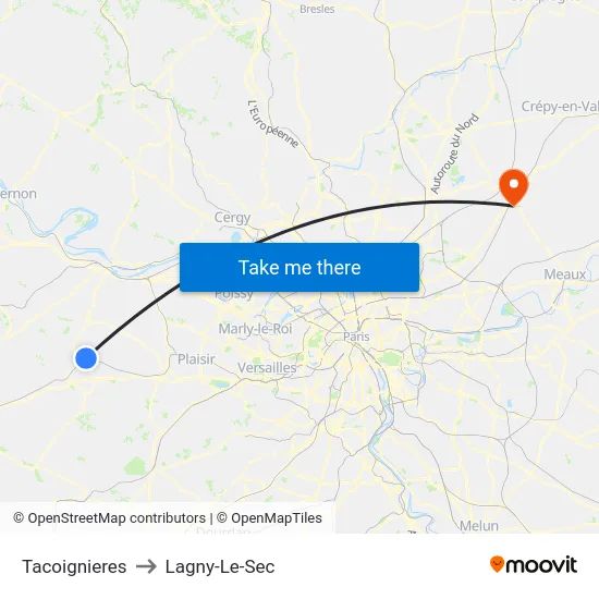 Tacoignieres to Lagny-Le-Sec map