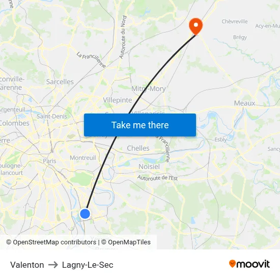 Valenton to Lagny-Le-Sec map