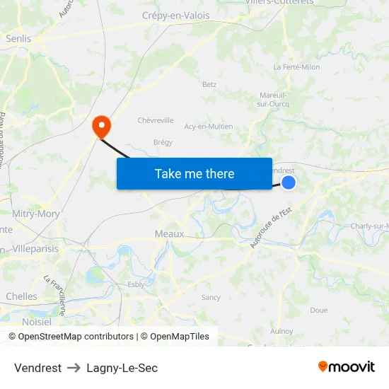 Vendrest to Lagny-Le-Sec map
