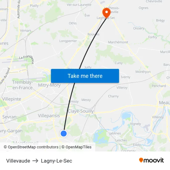 Villevaude to Lagny-Le-Sec map