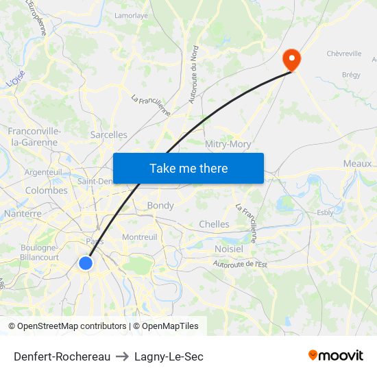 Denfert-Rochereau to Lagny-Le-Sec map