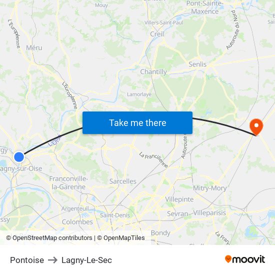 Pontoise to Lagny-Le-Sec map
