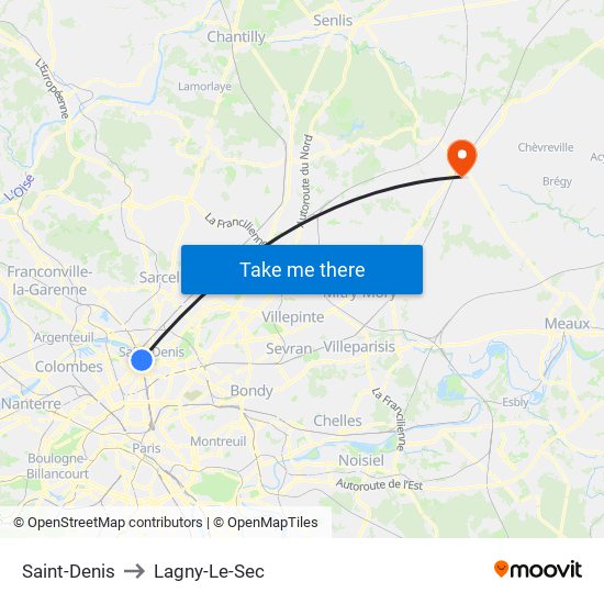 Saint-Denis to Lagny-Le-Sec map