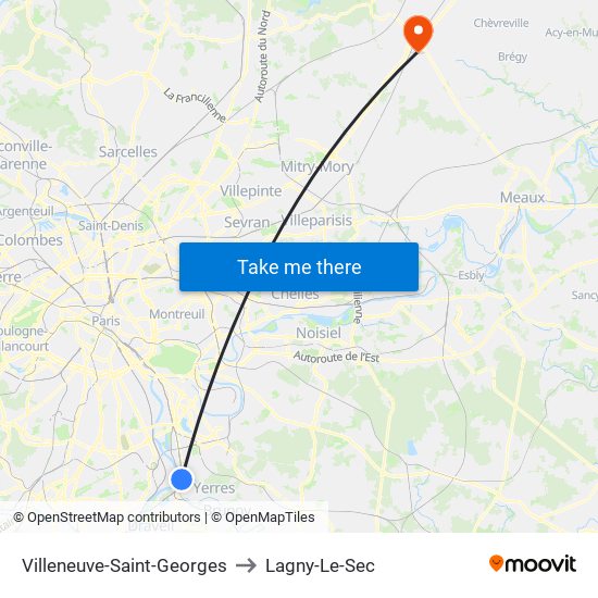 Villeneuve-Saint-Georges to Lagny-Le-Sec map