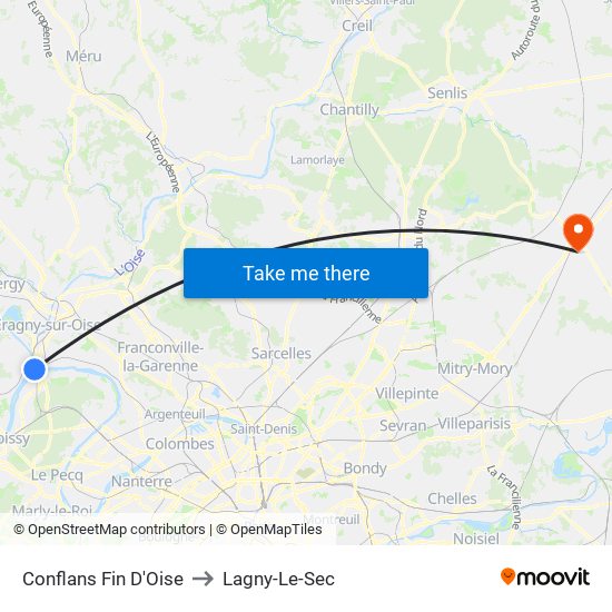 Conflans Fin D'Oise to Lagny-Le-Sec map