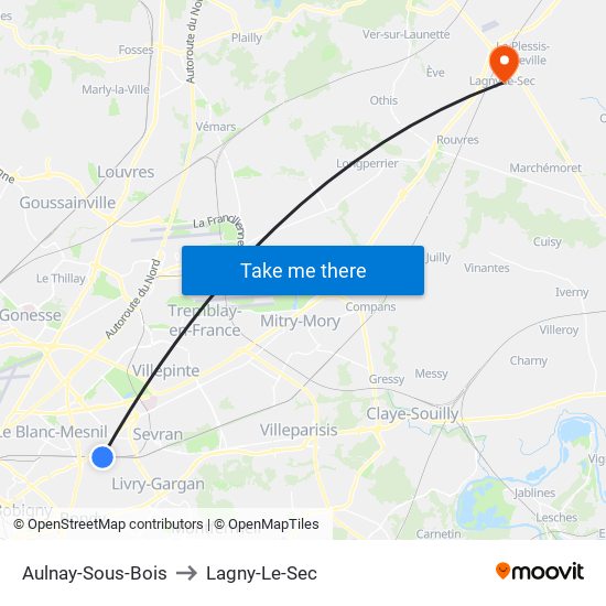 Aulnay-Sous-Bois to Lagny-Le-Sec map