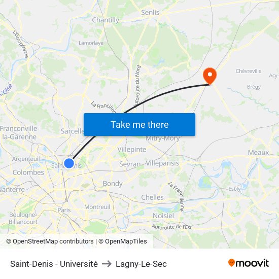 Saint-Denis - Université to Lagny-Le-Sec map
