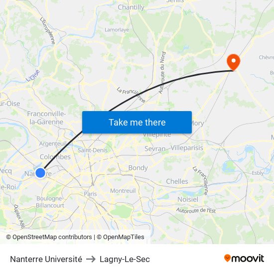 Nanterre Université to Lagny-Le-Sec map