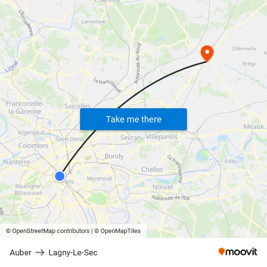Auber to Lagny-Le-Sec map