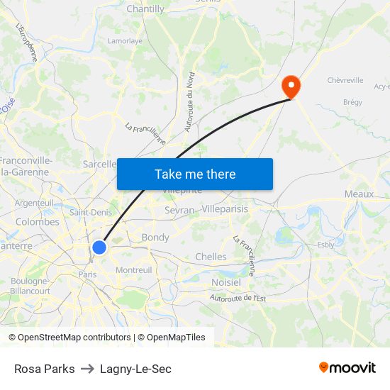 Rosa Parks to Lagny-Le-Sec map