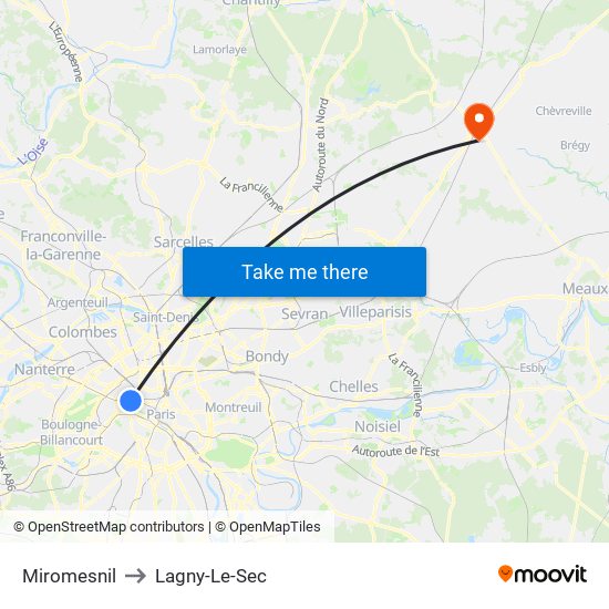 Miromesnil to Lagny-Le-Sec map