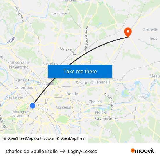 Charles de Gaulle Etoile to Lagny-Le-Sec map
