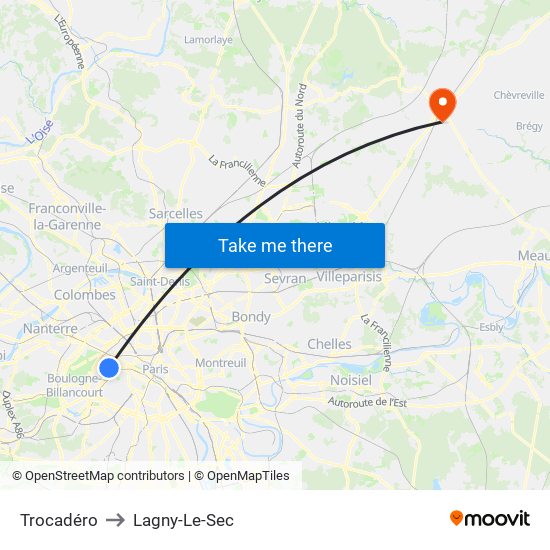 Trocadéro to Lagny-Le-Sec map
