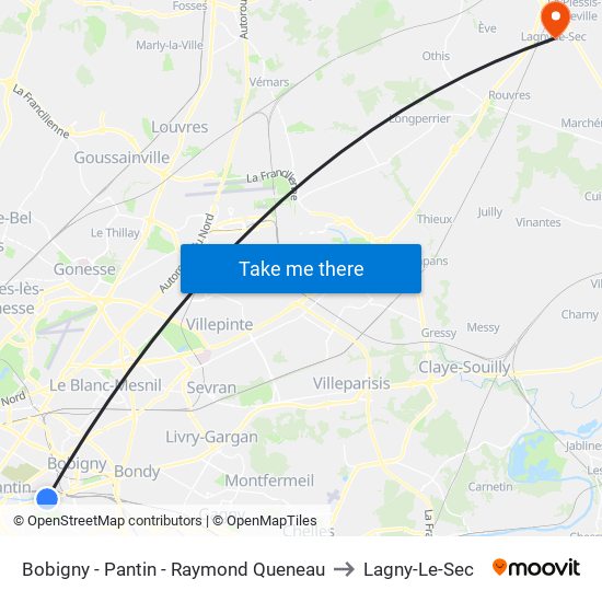 Bobigny - Pantin - Raymond Queneau to Lagny-Le-Sec map