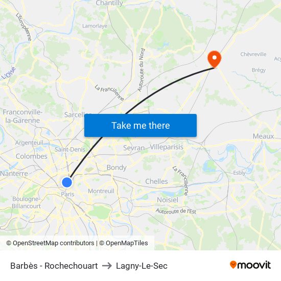 Barbès - Rochechouart to Lagny-Le-Sec map