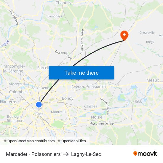 Marcadet - Poissonniers to Lagny-Le-Sec map