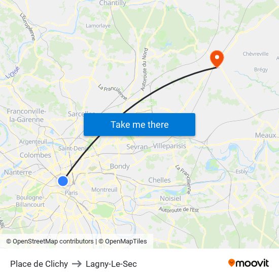 Place de Clichy to Lagny-Le-Sec map