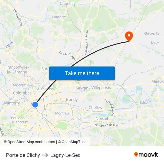 Porte de Clichy to Lagny-Le-Sec map