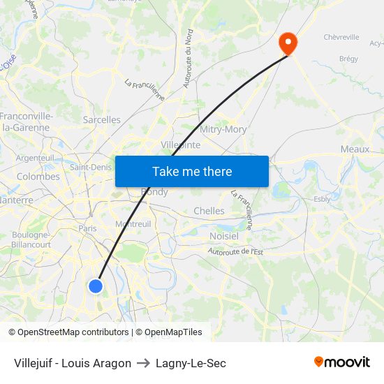 Villejuif - Louis Aragon to Lagny-Le-Sec map