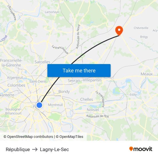 République to Lagny-Le-Sec map