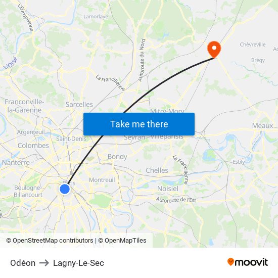 Odéon to Lagny-Le-Sec map