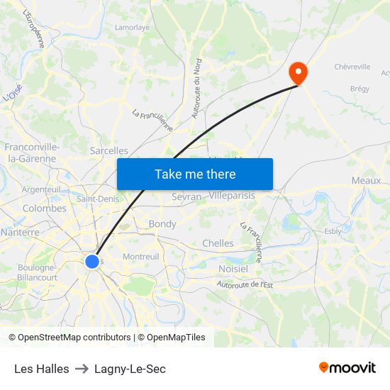 Les Halles to Lagny-Le-Sec map