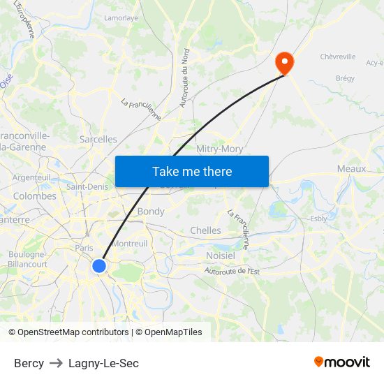 Bercy to Lagny-Le-Sec map