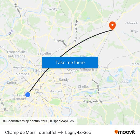 Champ de Mars Tour Eiffel to Lagny-Le-Sec map