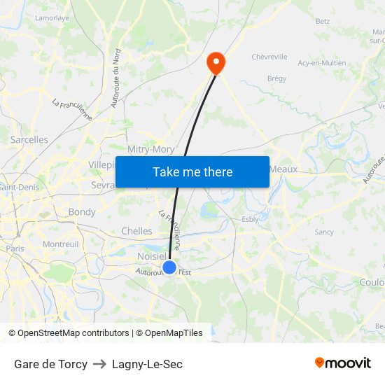 Gare de Torcy to Lagny-Le-Sec map