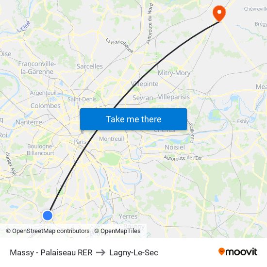 Massy - Palaiseau RER to Lagny-Le-Sec map