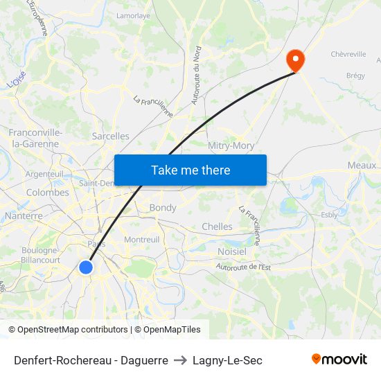 Denfert-Rochereau - Daguerre to Lagny-Le-Sec map