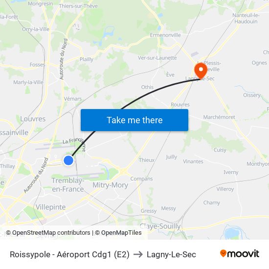 Roissypole - Aéroport Cdg1 (E2) to Lagny-Le-Sec map