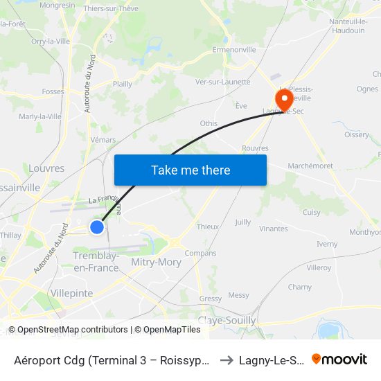 Aéroport Cdg (Terminal 3 – Roissypôle) to Lagny-Le-Sec map