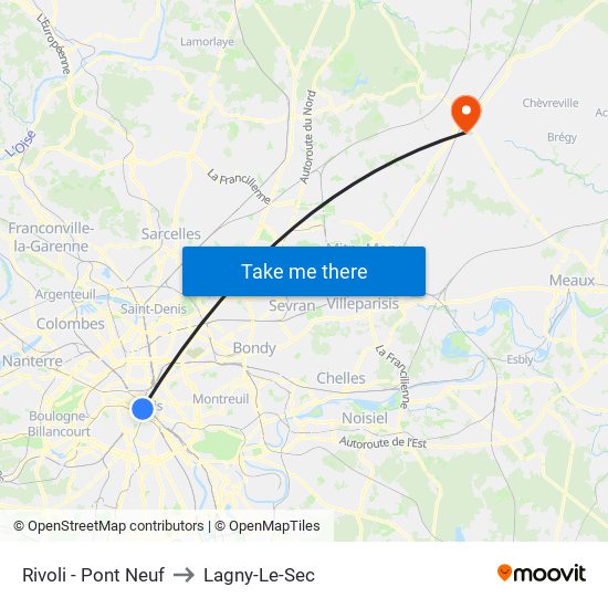 Rivoli - Pont Neuf to Lagny-Le-Sec map