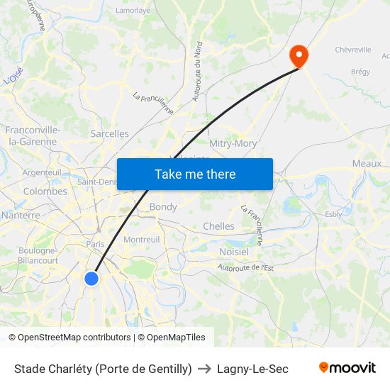 Stade Charléty (Porte de Gentilly) to Lagny-Le-Sec map