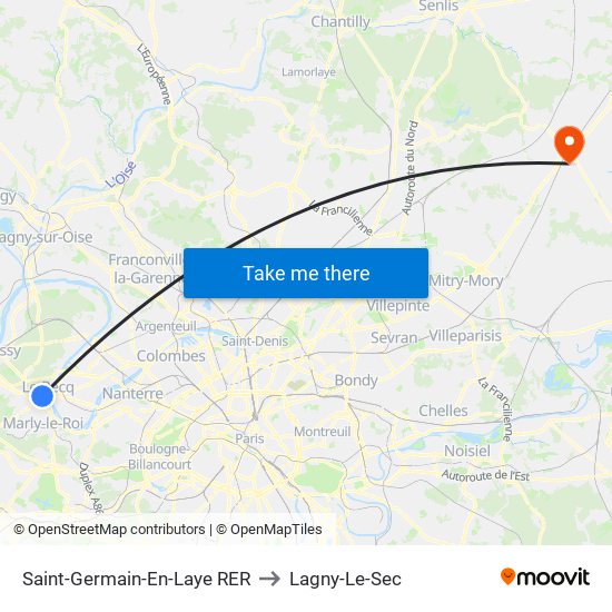 Saint-Germain-En-Laye RER to Lagny-Le-Sec map