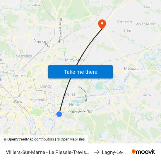 Villiers-Sur-Marne - Le Plessis-Trévise RER to Lagny-Le-Sec map