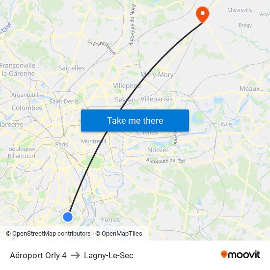 Aéroport Orly 4 to Lagny-Le-Sec map