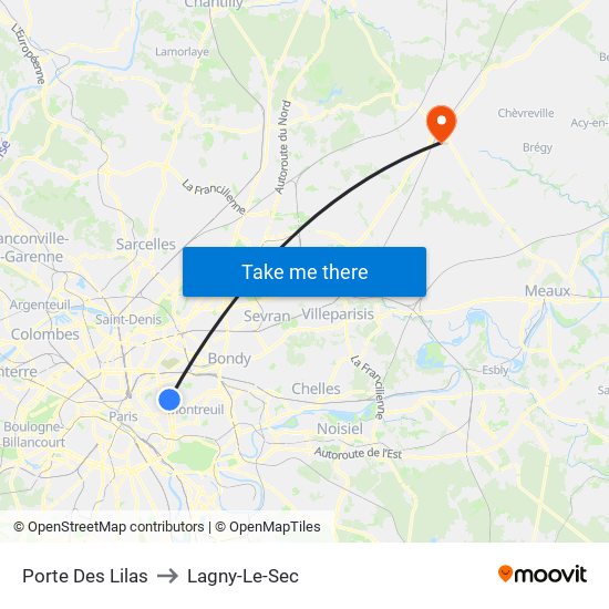 Porte Des Lilas to Lagny-Le-Sec map