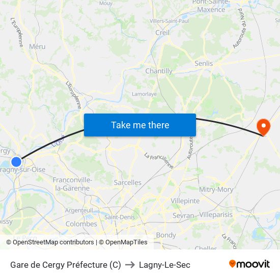 Gare de Cergy Préfecture (C) to Lagny-Le-Sec map