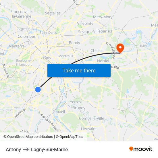 Antony to Lagny-Sur-Marne map