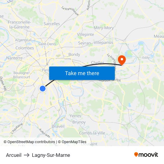 Arcueil to Lagny-Sur-Marne map