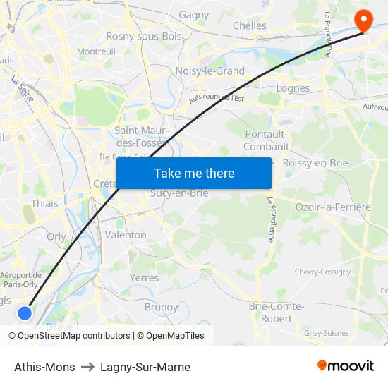 Athis-Mons to Lagny-Sur-Marne map