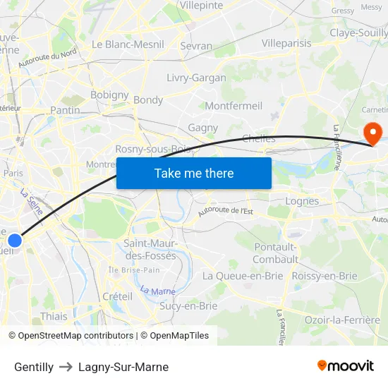Gentilly to Lagny-Sur-Marne map