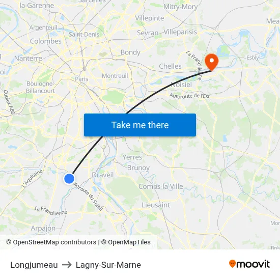 Longjumeau to Lagny-Sur-Marne map