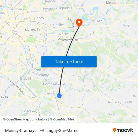 Moissy-Cramayel to Lagny-Sur-Marne map