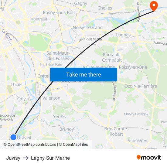 Juvisy to Lagny-Sur-Marne map
