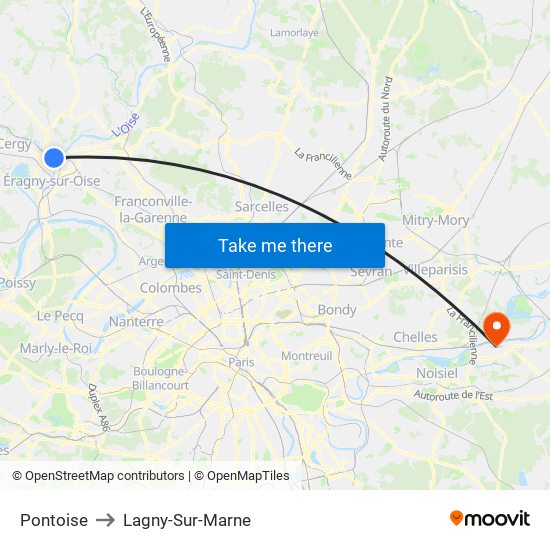 Pontoise to Lagny-Sur-Marne map