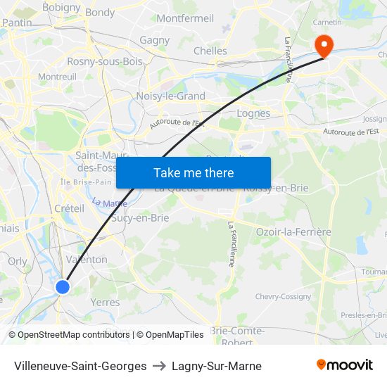 Villeneuve-Saint-Georges to Lagny-Sur-Marne map