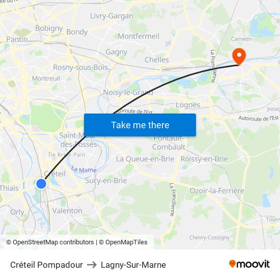 Créteil Pompadour to Lagny-Sur-Marne map